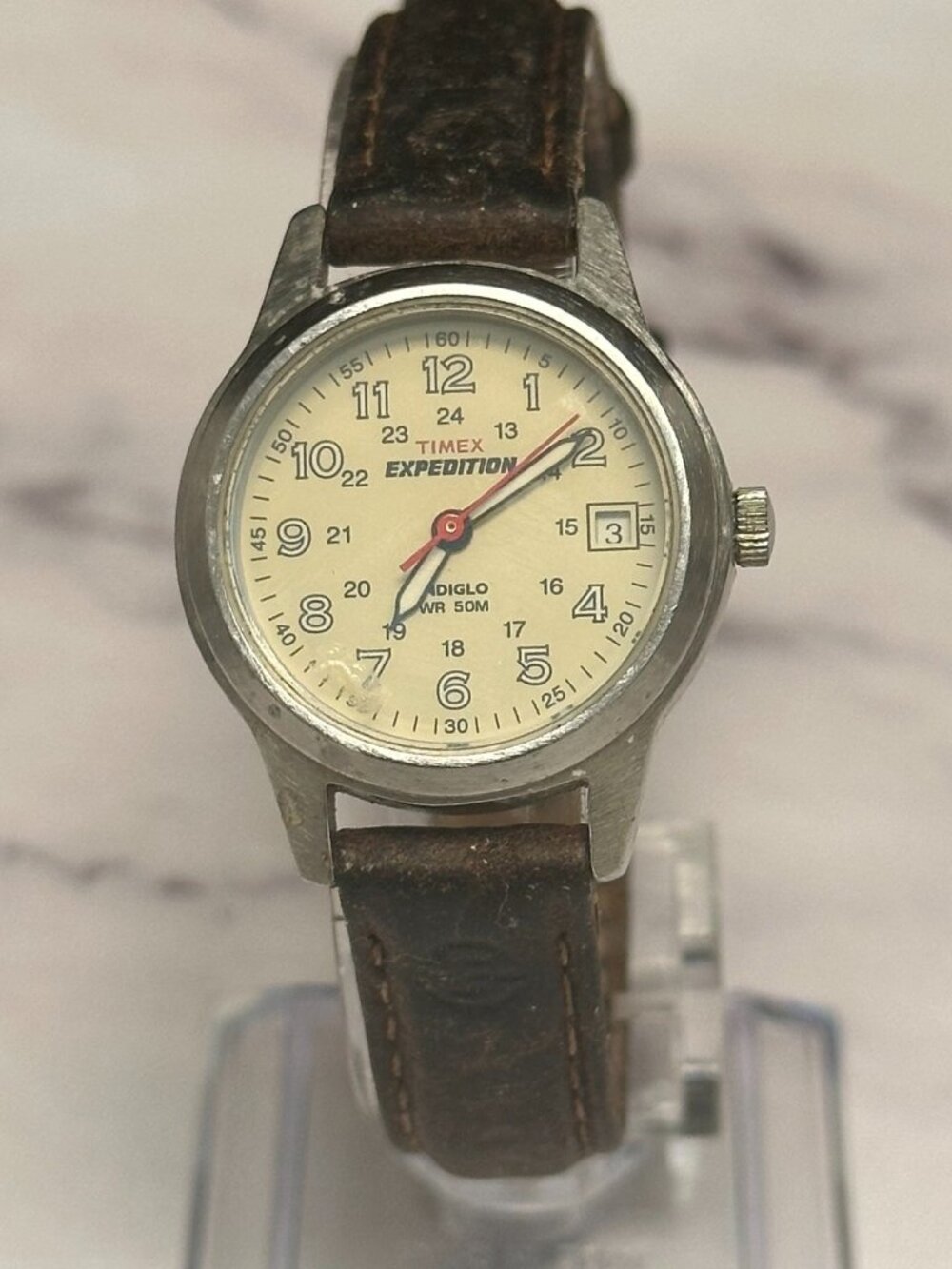 Timex Expedition Watch Womens Silver Tone Cream Dial Leather Band New Battery